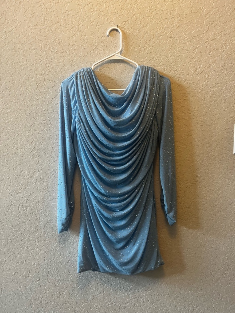 Jovani Blue Draped Backless Evening Dress with Sparkle